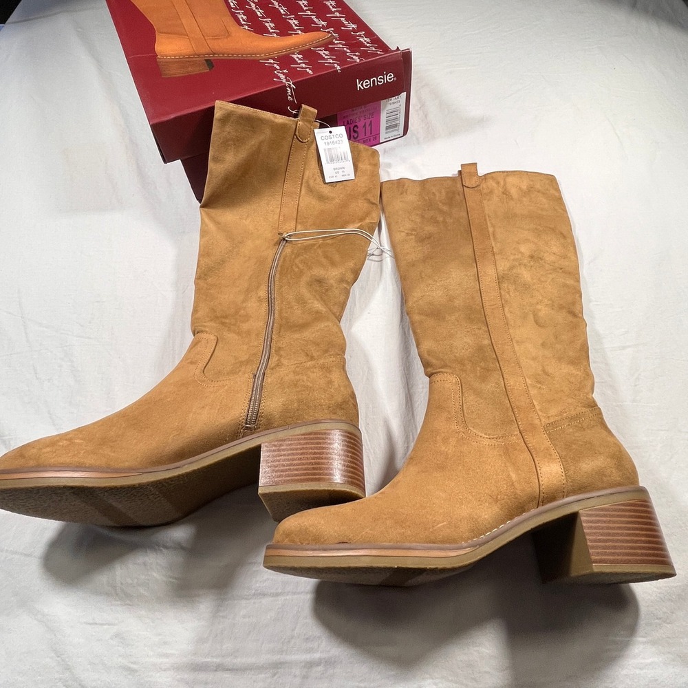 Kensie Naya B Knee-High Riding Boots 11 Womens Brown Suede Zip Up Block Heel New
